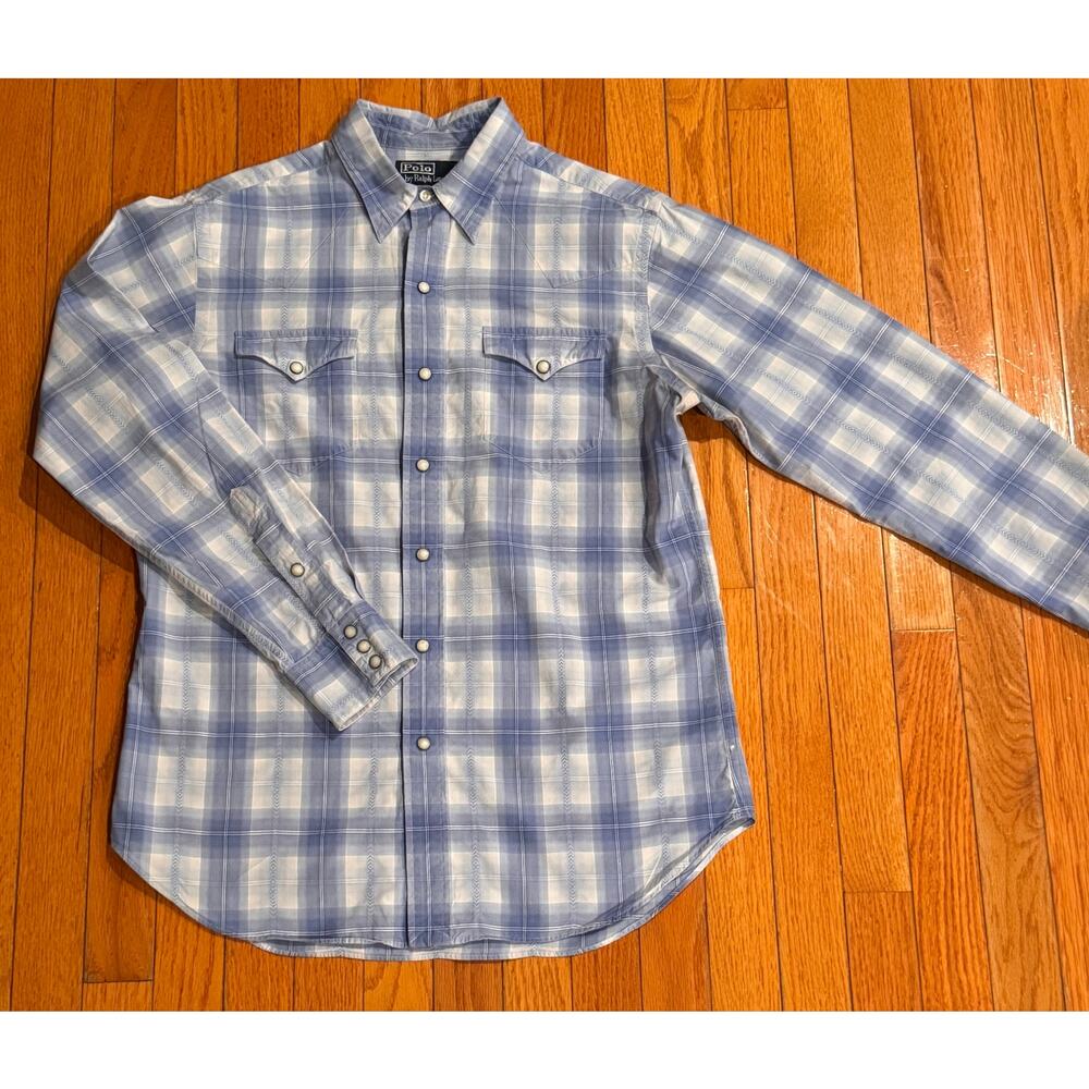 Vintage Polo Ralph Lauren Pearl Snap Western Shirt Blue Plaid Medium